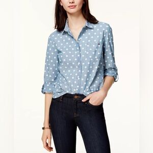 Tommy Hilfiger Light Blue Denim Polka Dot Button-Down Shirt w Roll-up Sleeve Opt